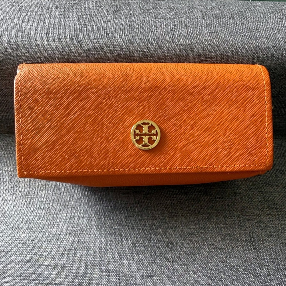 Tory Burch Orange Eyeglass Case Women Saffiano Leather Logo Medallion